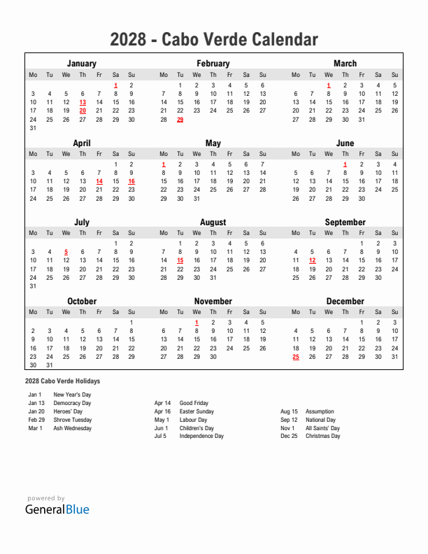 Year 2028 Simple Calendar With Holidays in Cabo Verde