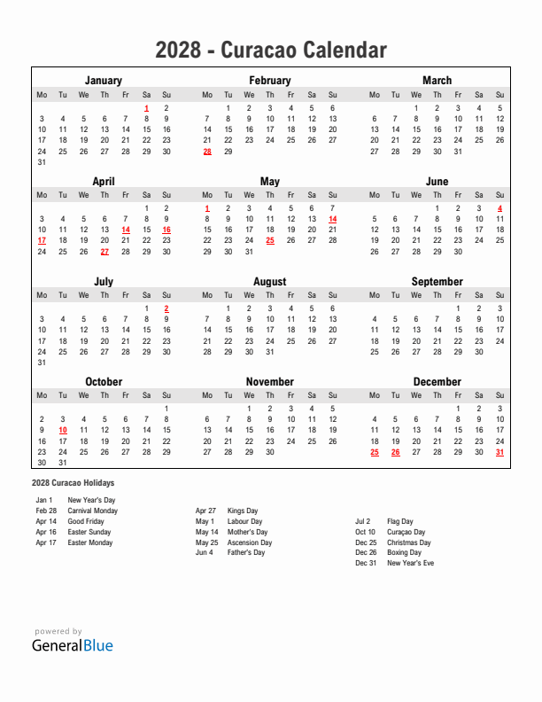 Year 2028 Simple Calendar With Holidays in Curacao