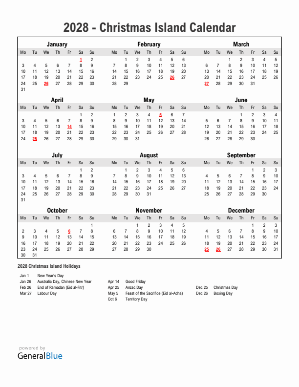 Year 2028 Simple Calendar With Holidays in Christmas Island
