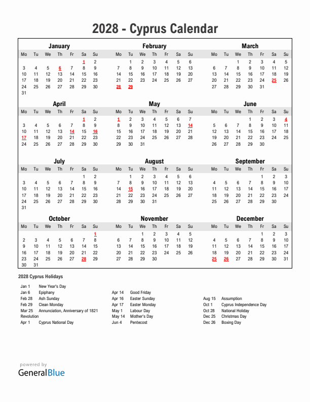 Year 2028 Simple Calendar With Holidays in Cyprus