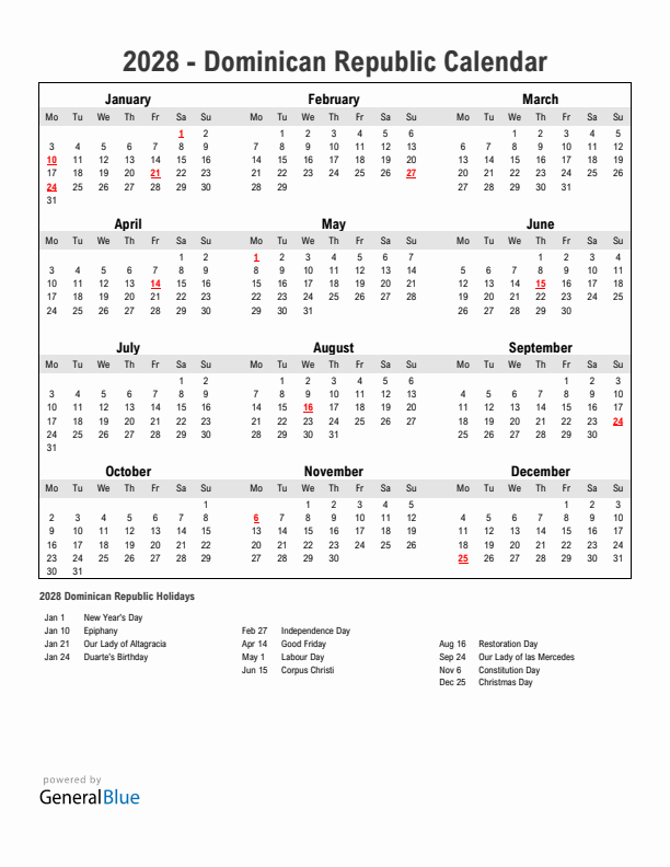 Year 2028 Simple Calendar With Holidays in Dominican Republic