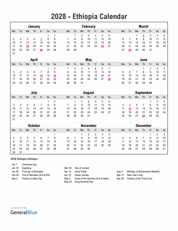 Year 2028 Simple Calendar With Holidays in Ethiopia
