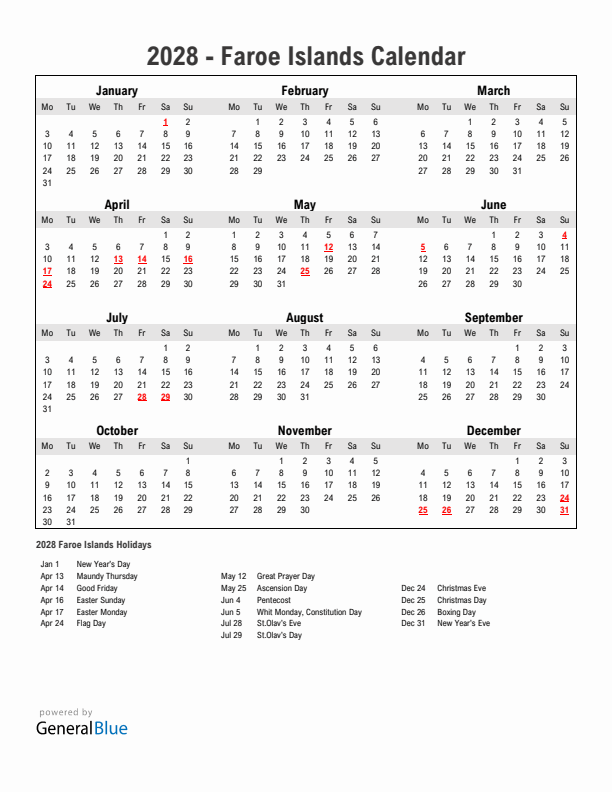 Year 2028 Simple Calendar With Holidays in Faroe Islands