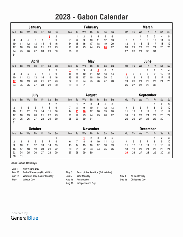 Year 2028 Simple Calendar With Holidays in Gabon