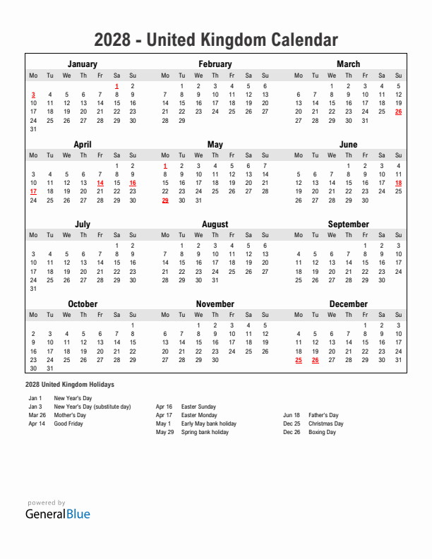 Year 2028 Simple Calendar With Holidays in United Kingdom