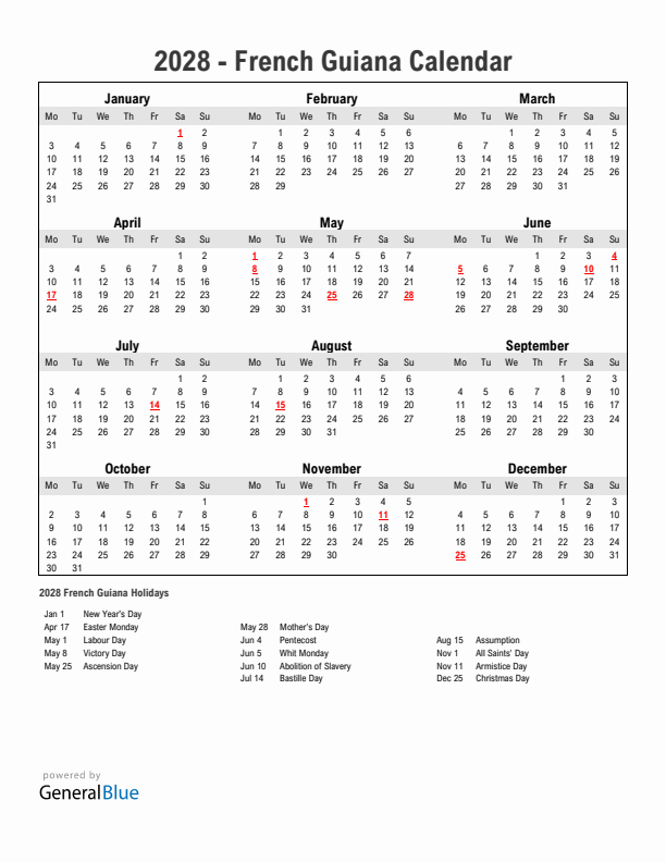 Year 2028 Simple Calendar With Holidays in French Guiana