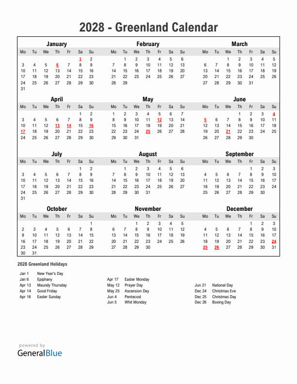 Year 2028 Simple Calendar With Holidays in Greenland