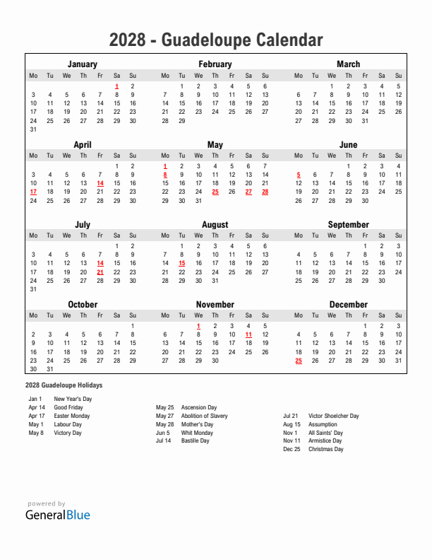 Year 2028 Simple Calendar With Holidays in Guadeloupe