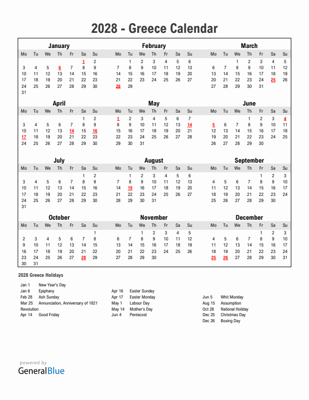 Year 2028 Simple Calendar With Holidays in Greece