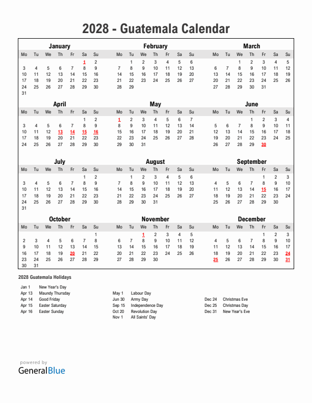 Year 2028 Simple Calendar With Holidays in Guatemala