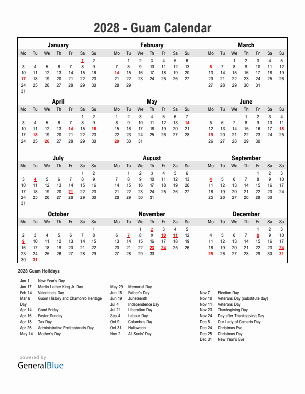 Year 2028 Simple Calendar With Holidays in Guam