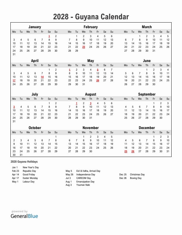 Year 2028 Simple Calendar With Holidays in Guyana
