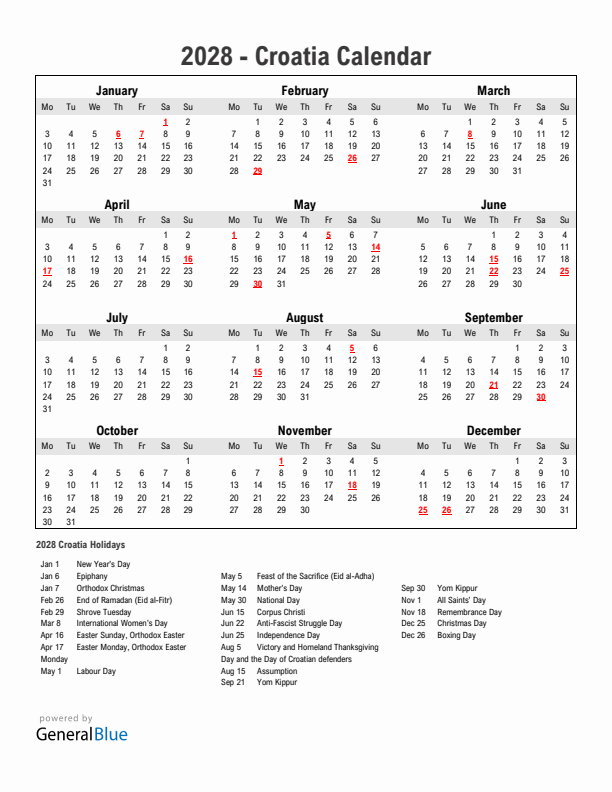 Year 2028 Simple Calendar With Holidays in Croatia