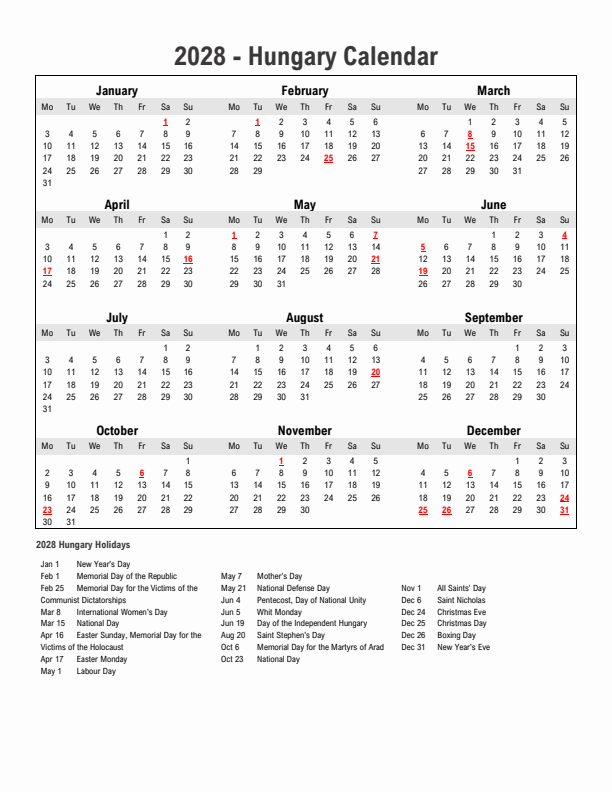 Year 2028 Simple Calendar With Holidays in Hungary