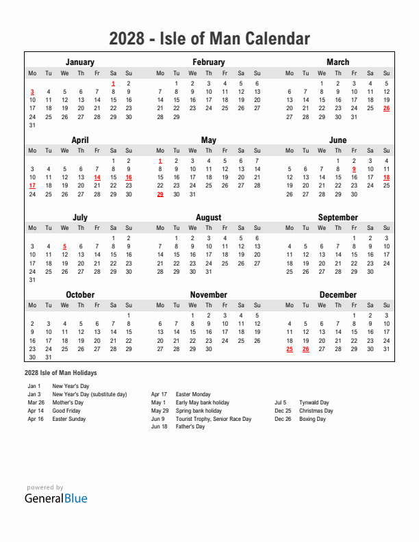 Year 2028 Simple Calendar With Holidays in Isle of Man