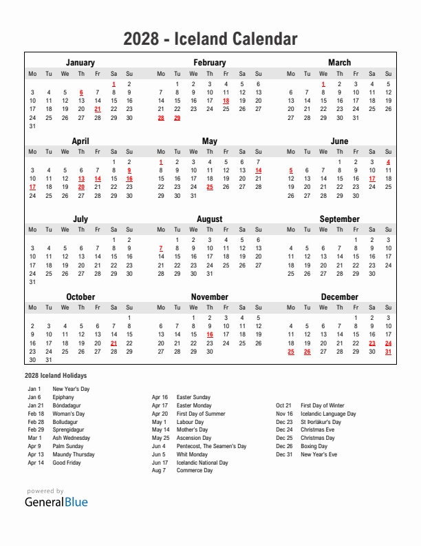 Year 2028 Simple Calendar With Holidays in Iceland