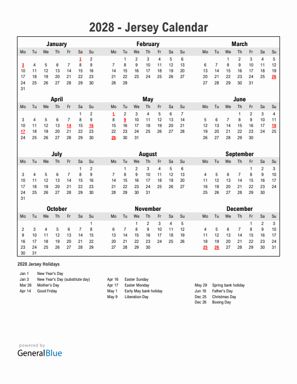 Year 2028 Simple Calendar With Holidays in Jersey