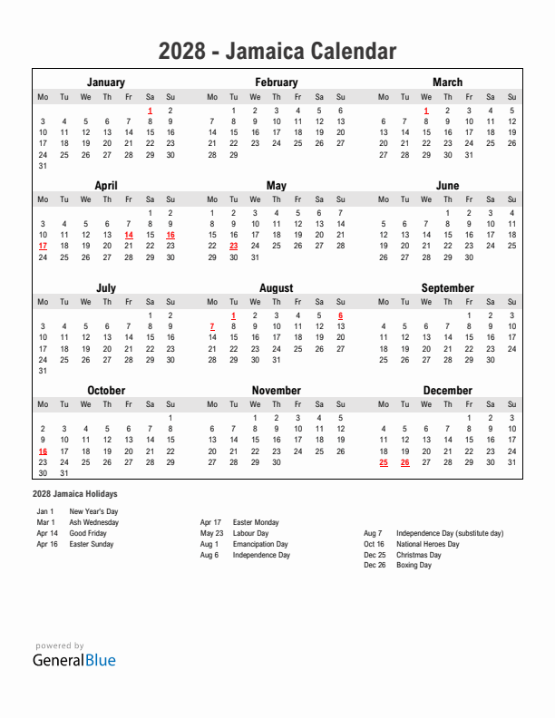 Year 2028 Simple Calendar With Holidays in Jamaica