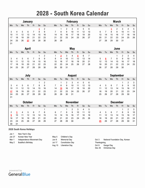 Year 2028 Simple Calendar With Holidays in South Korea
