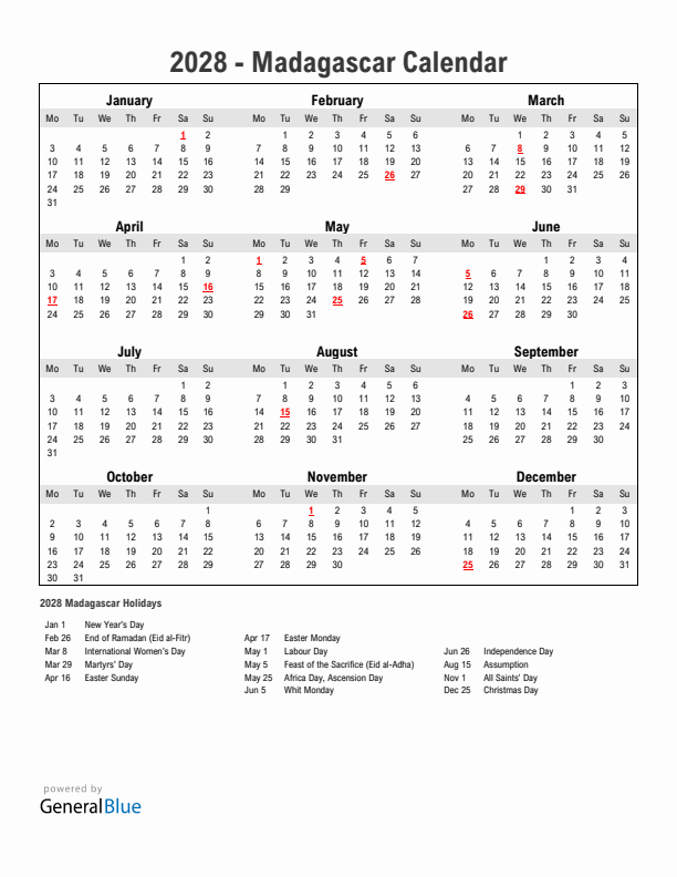 Year 2028 Simple Calendar With Holidays in Madagascar
