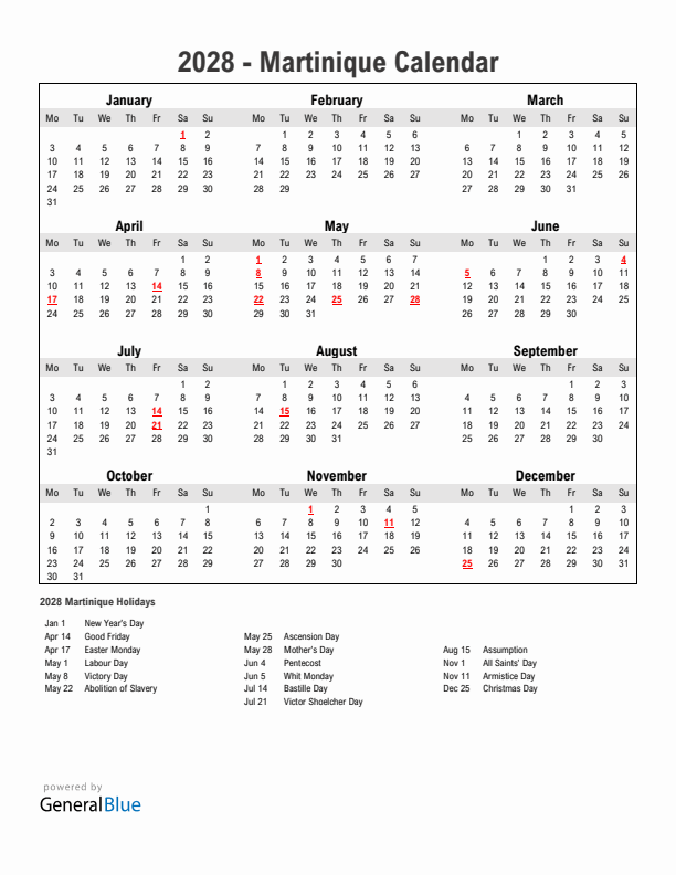 Year 2028 Simple Calendar With Holidays in Martinique
