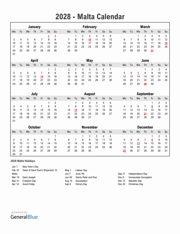Year 2028 Simple Calendar With Holidays in Malta