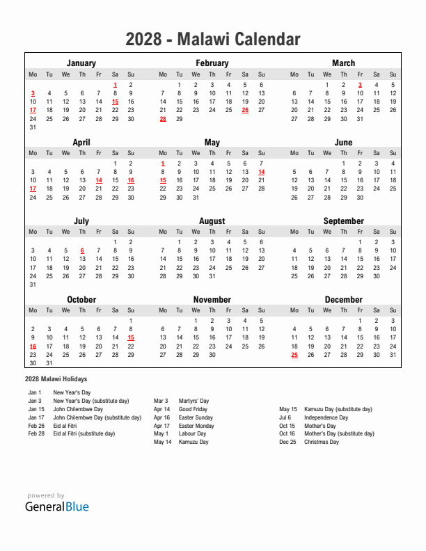 Year 2028 Simple Calendar With Holidays in Malawi