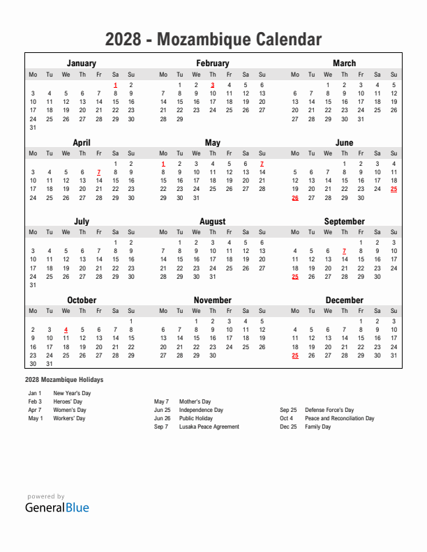 Year 2028 Simple Calendar With Holidays in Mozambique