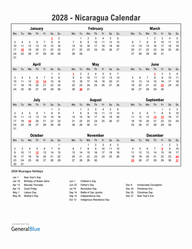 Year 2028 Simple Calendar With Holidays in Nicaragua