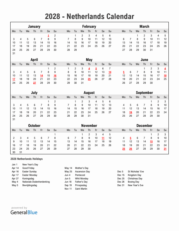 Year 2028 Simple Calendar With Holidays in The Netherlands