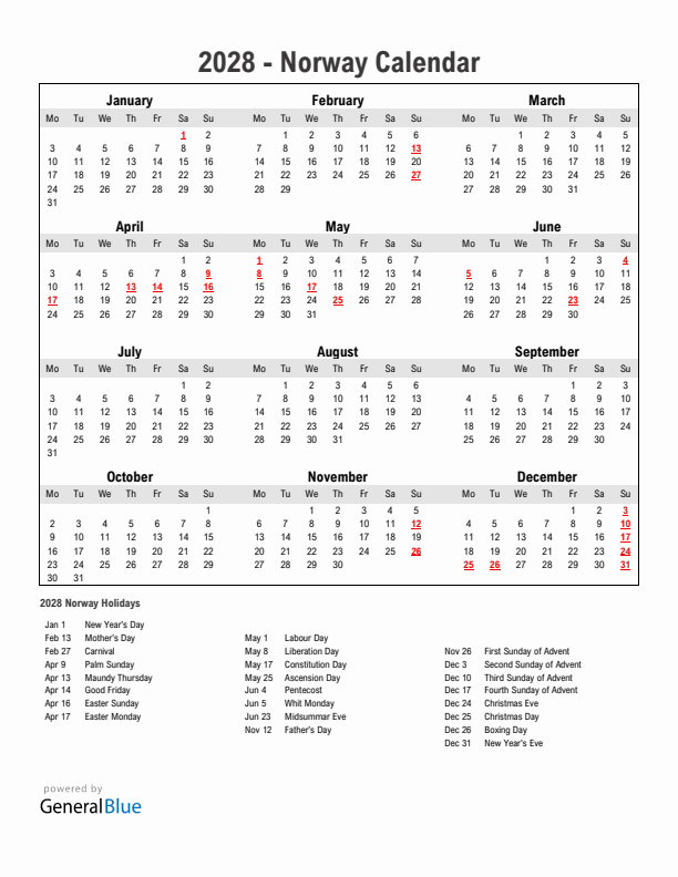 Year 2028 Simple Calendar With Holidays in Norway
