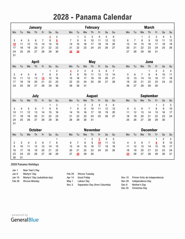 Year 2028 Simple Calendar With Holidays in Panama