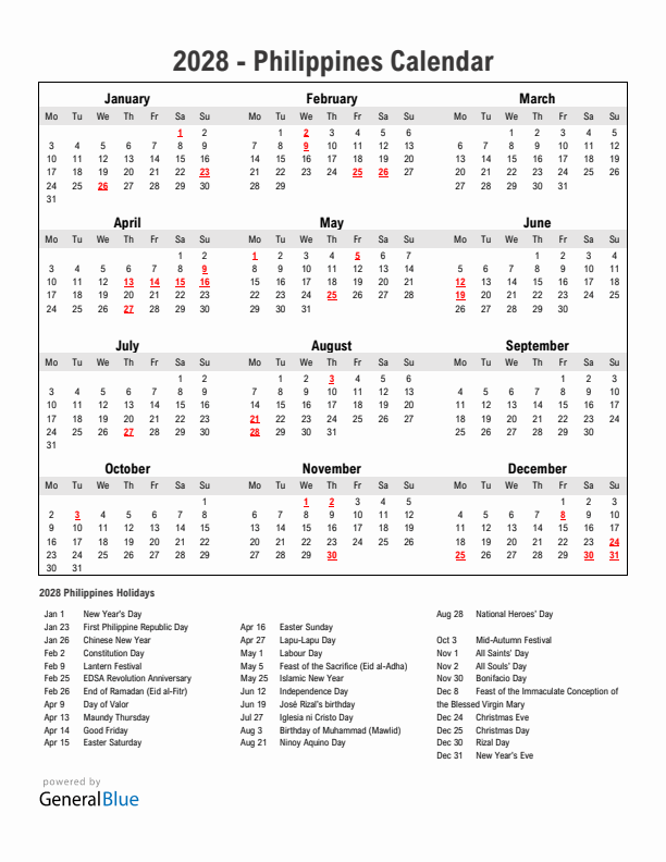 Year 2028 Simple Calendar With Holidays in Philippines