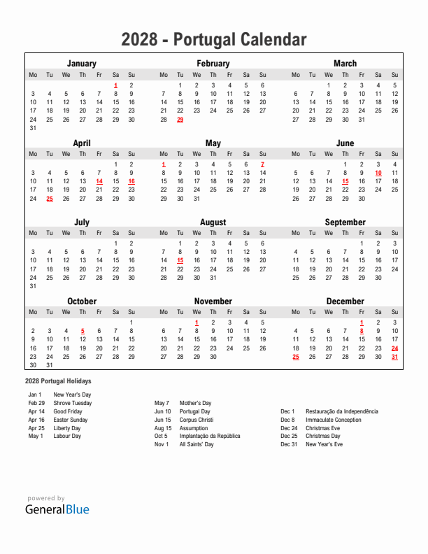 Year 2028 Simple Calendar With Holidays in Portugal