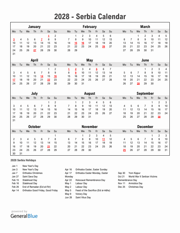 Year 2028 Simple Calendar With Holidays in Serbia