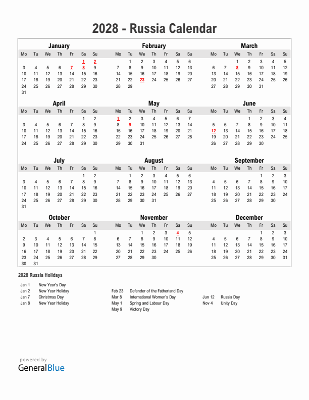 Year 2028 Simple Calendar With Holidays in Russia