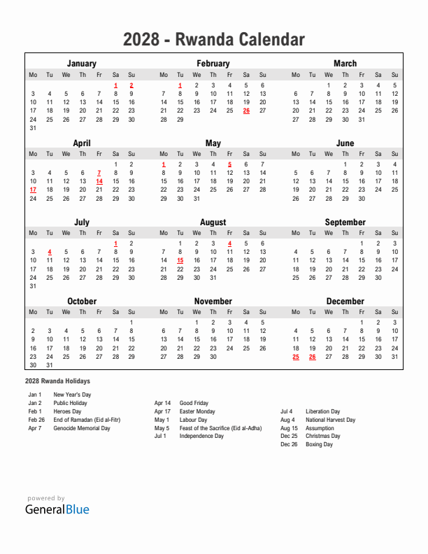 Year 2028 Simple Calendar With Holidays in Rwanda
