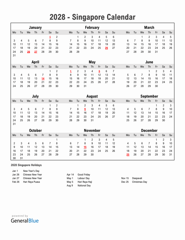 Year 2028 Simple Calendar With Holidays in Singapore