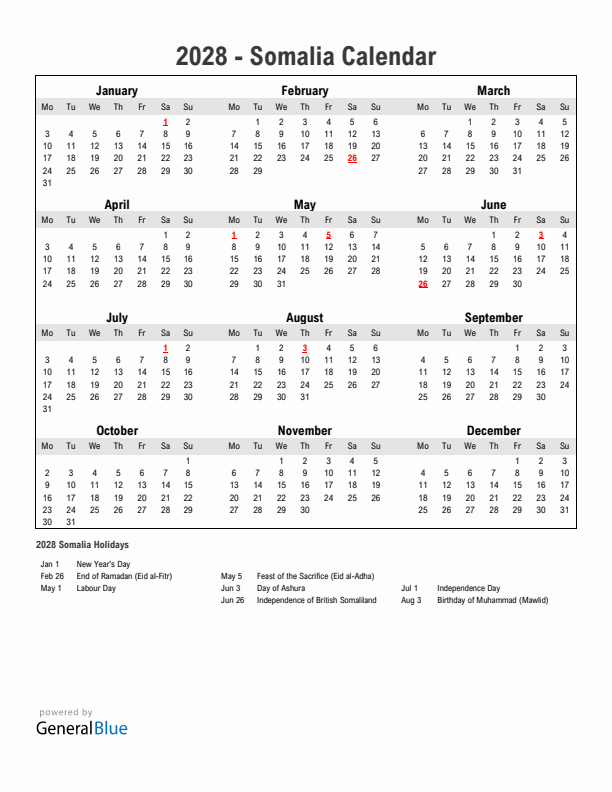 Year 2028 Simple Calendar With Holidays in Somalia