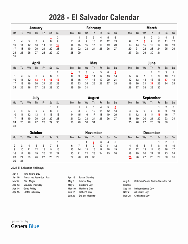 Year 2028 Simple Calendar With Holidays in El Salvador