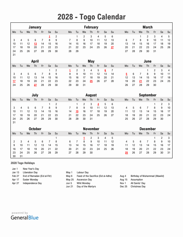 Year 2028 Simple Calendar With Holidays in Togo