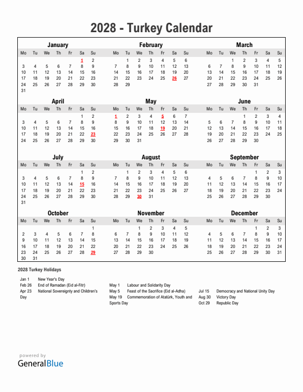 Year 2028 Simple Calendar With Holidays in Turkey