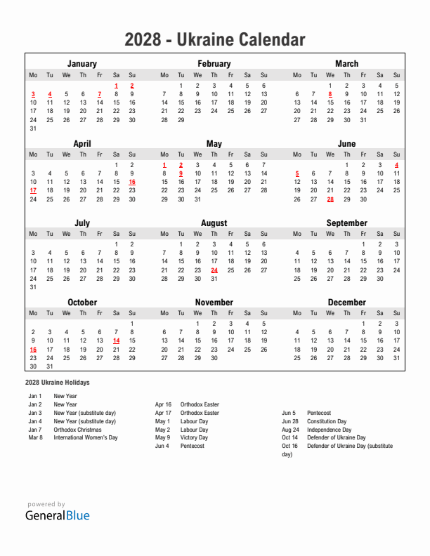 Year 2028 Simple Calendar With Holidays in Ukraine