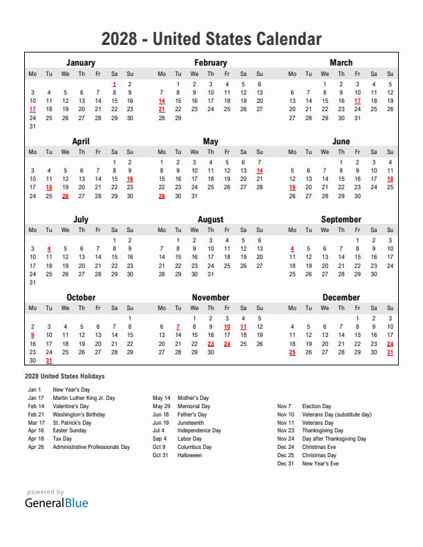 Year 2028 Simple Calendar With Holidays in United States