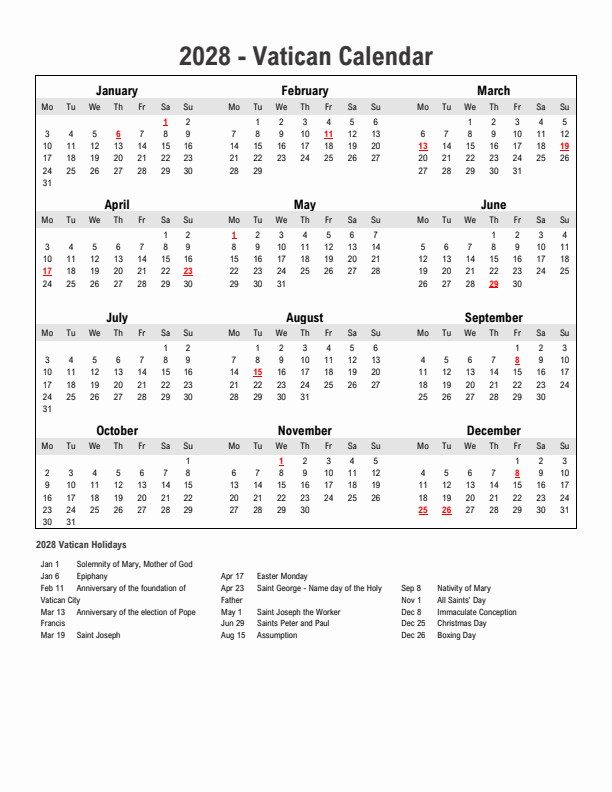 Year 2028 Simple Calendar With Holidays in Vatican