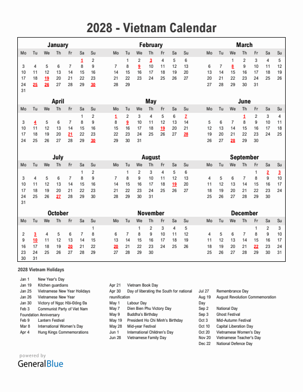 Year 2028 Simple Calendar With Holidays in Vietnam