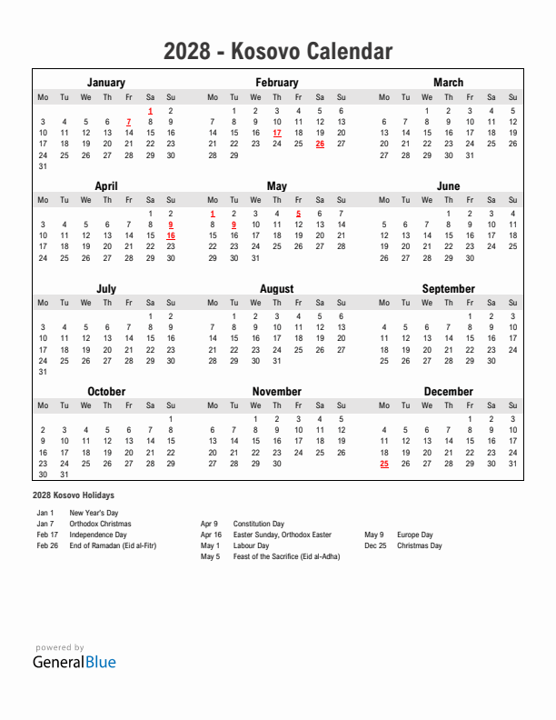 Year 2028 Simple Calendar With Holidays in Kosovo