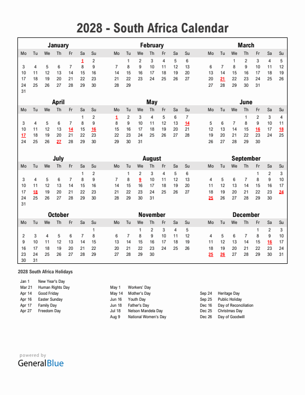 Year 2028 Simple Calendar With Holidays in South Africa