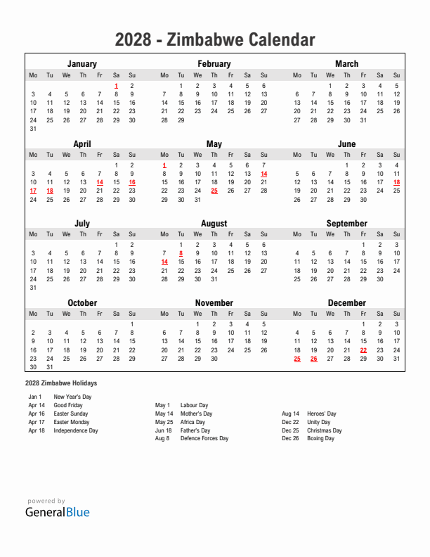 Year 2028 Simple Calendar With Holidays in Zimbabwe