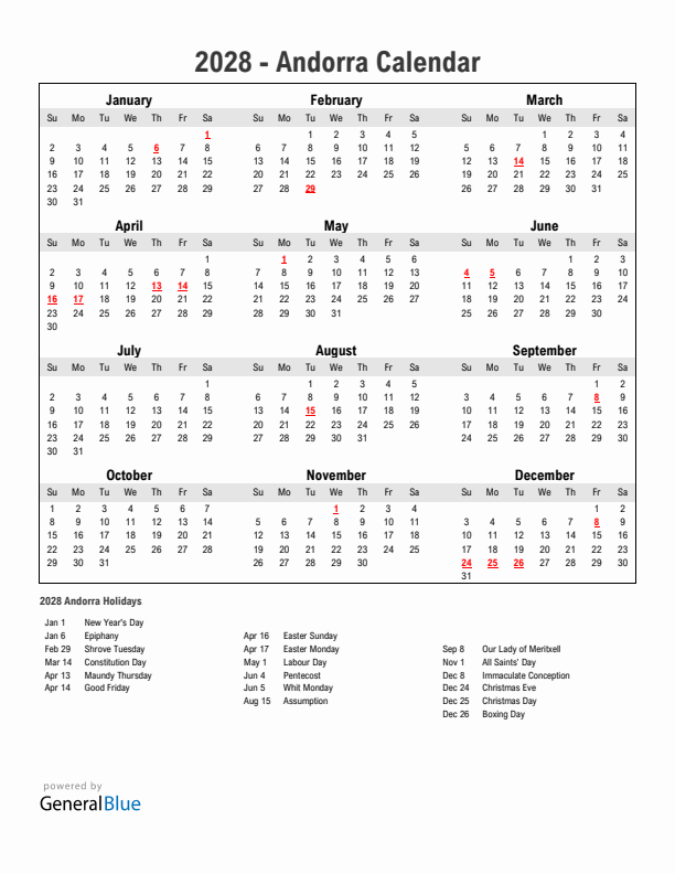 Year 2028 Simple Calendar With Holidays in Andorra